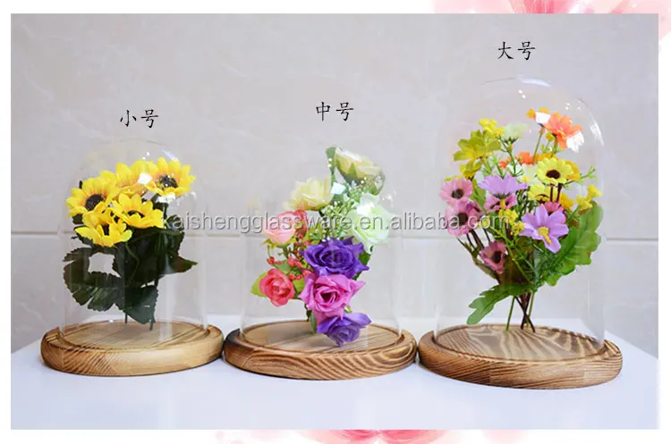 Home decoration clear glass bell jar with base wooden