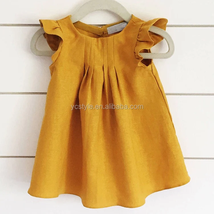 New fashion kids linen frocks dress ruffle design,wholesale summer baby girl boutique dress with frills sleeved