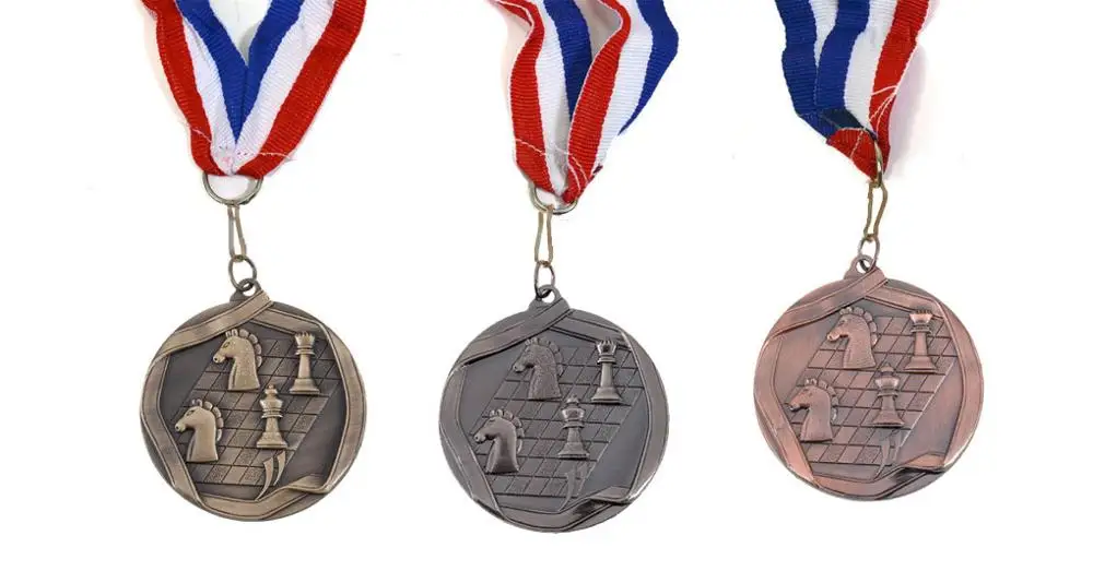 bulk custom gold silver brass zinc alloy metal blank casting chess award medal with ribbon