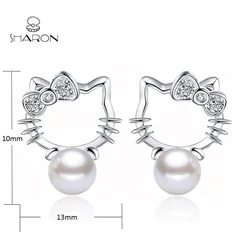 Hot Sale Women Jewelry Hello Kitty 925 Sterling Silver New Design of Pearl Earrings Stud