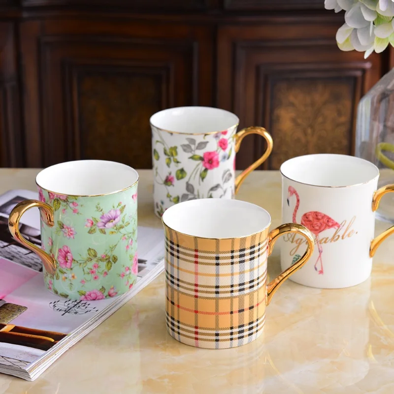 Custom design ceramic coffee mugs with gold handle ceramic elegant tea mugs
