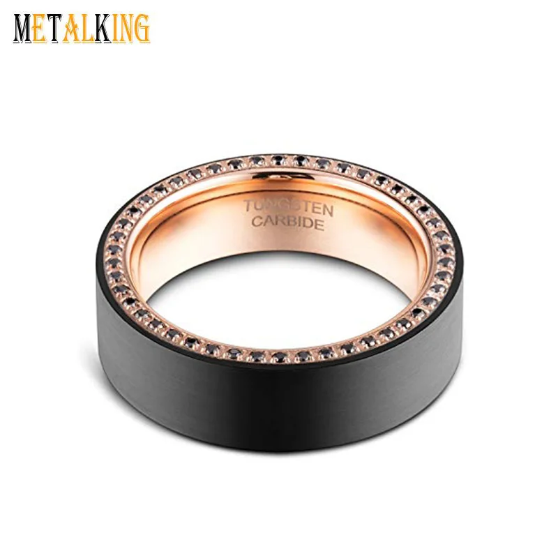 8mm Brushed Rose Gold Black Tungsten Ring with Black Cubic Zirconia Inlay Mens Wedding Band