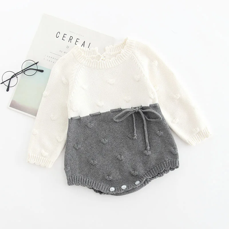 Baby girl sweater with sesame dots Hidden belt Baby girl knit jumpsuit intercolored baby jumper