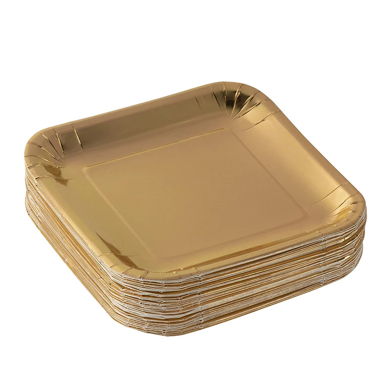 Wholesale New Hot Sell Disposable 250gsm  9 inch Square Gold Foil Paper Plates