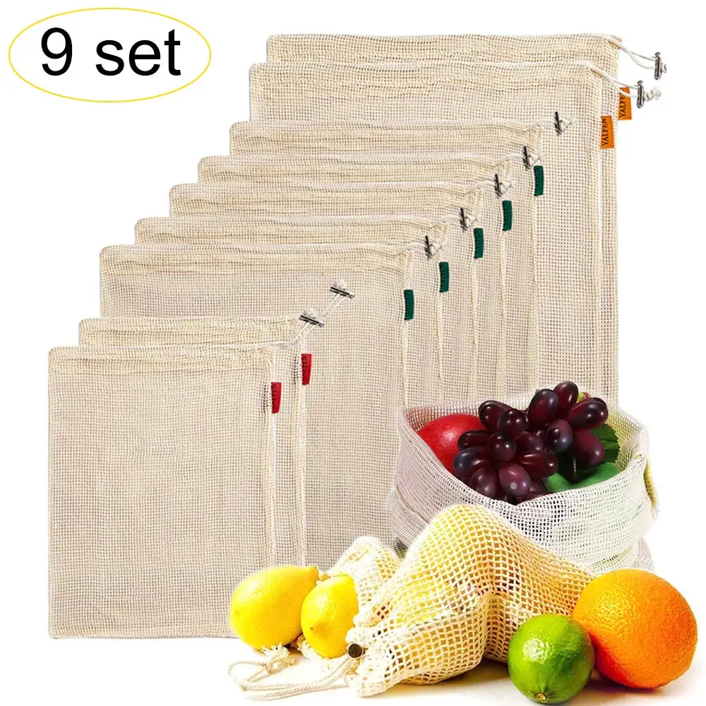 
Food Grade washable and reusable Cotton Mesh Produce Bag set for vegetable and fruit drawstring grocery shopping bags 
