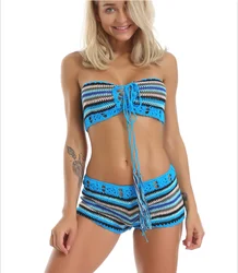 Fashion crochet bikini summer set in rainbow colors bandage swimwear