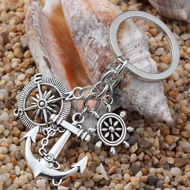Hot Sale Fashion Vintage Silver Alloy Compass & Anchor Charms Keychain Bag Decoration For Car Key Ring Jewelry Gift