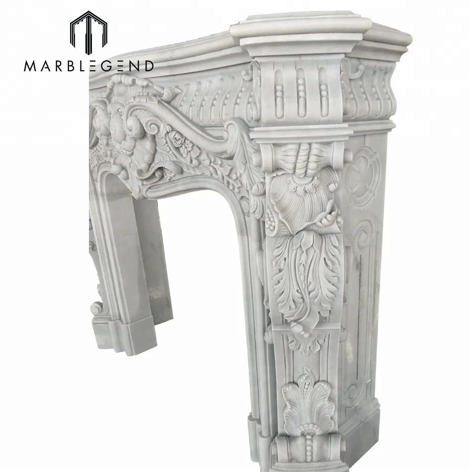 Leading Custom design indoor carved white marble freestanding fireplace mantel