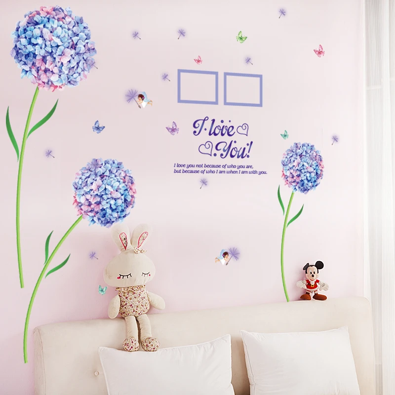 YIYAO Nature Series 3D Purple Dandelion Flower Removable Vinyl DIY Wall Sticker