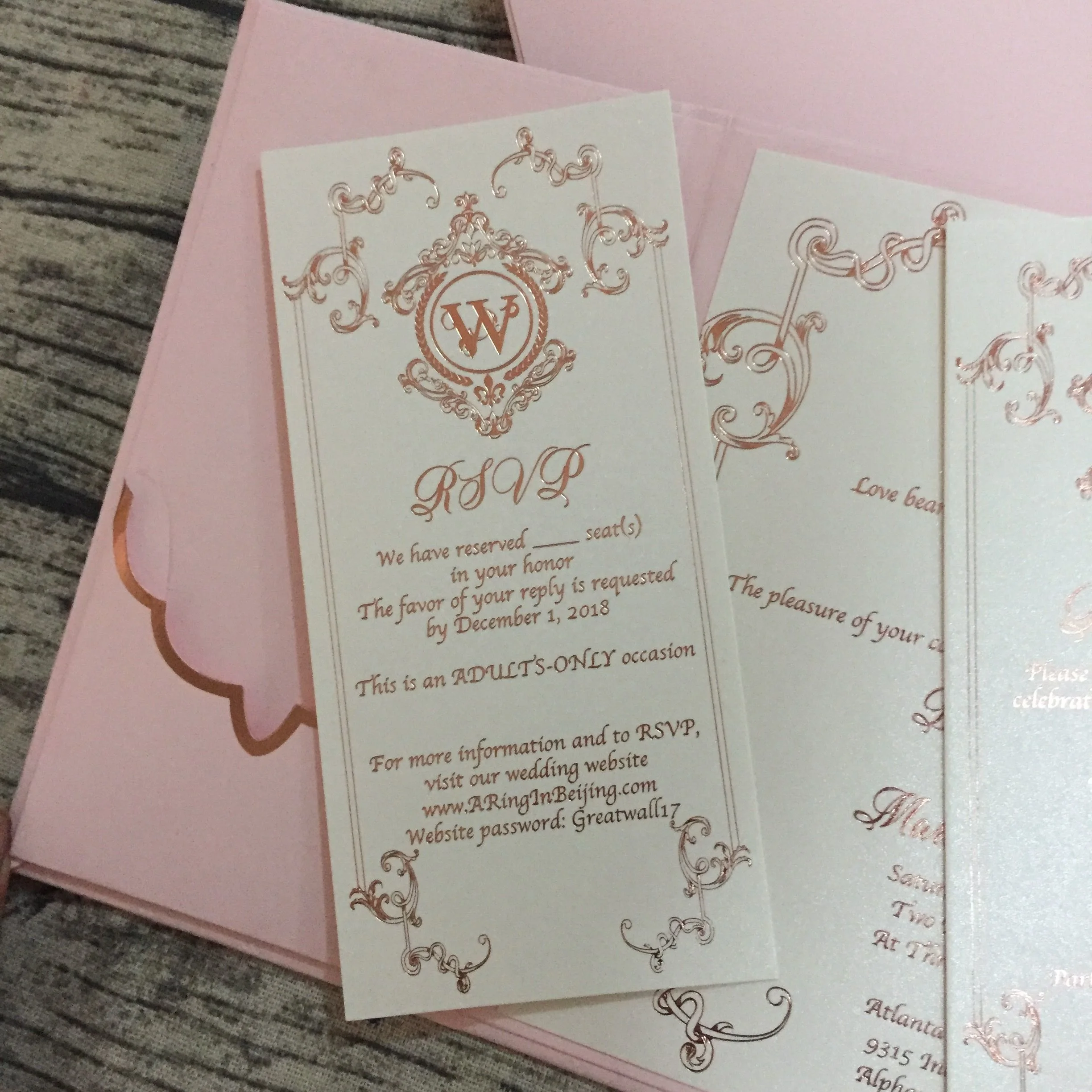 Hot Sale Romantic & Fresh Pink Gatefold Hardcover Wedding Invitations with Rose Gold Foil text, Envelope