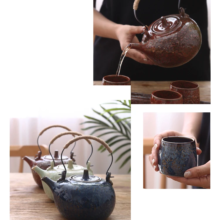 Antique Porcelain Japanese Tea Set with 6 Cups and Wooden Stand