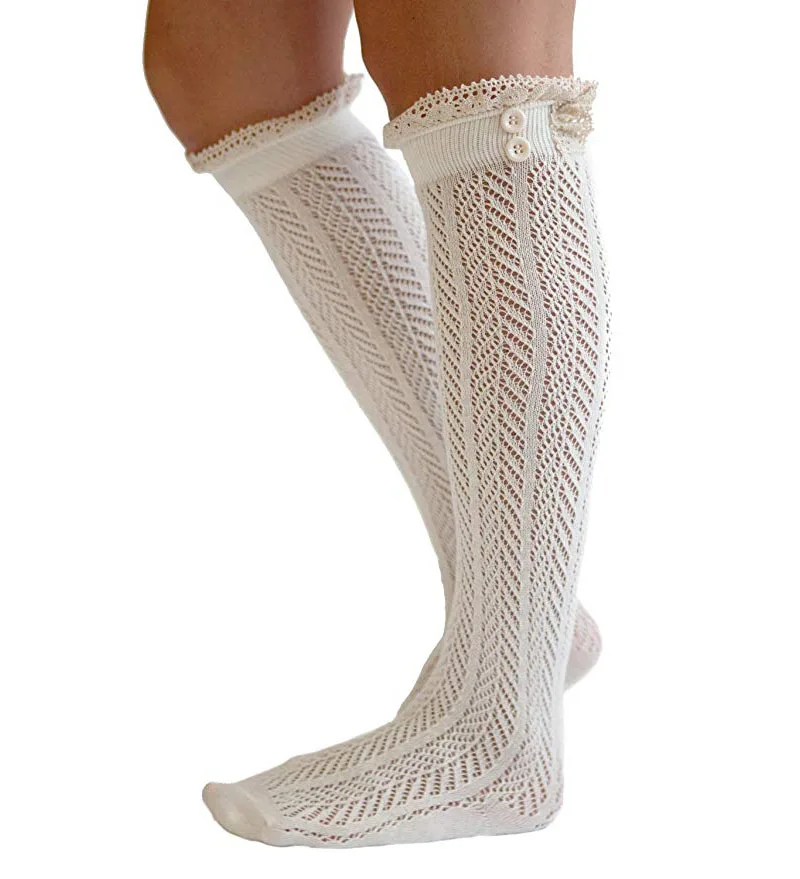 
AJ186034 Wholesale Cute Charming Ruffles Lace Trim Knee High Knitted Boot Socks For Women 