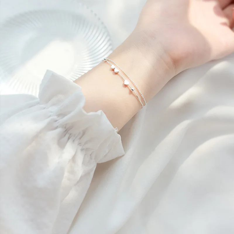 New Style 925 Silver Hand Catenary for Women Simple Fashion Chic Heart Beads Double Layer Bracelets Jewelry