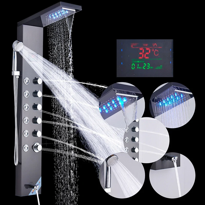 Newly Luxury Black/Brushed Bathroom Shower Faucet LED Shower Panel Column Bathtub Mixer Tap With Hand Shower Temperature Screen