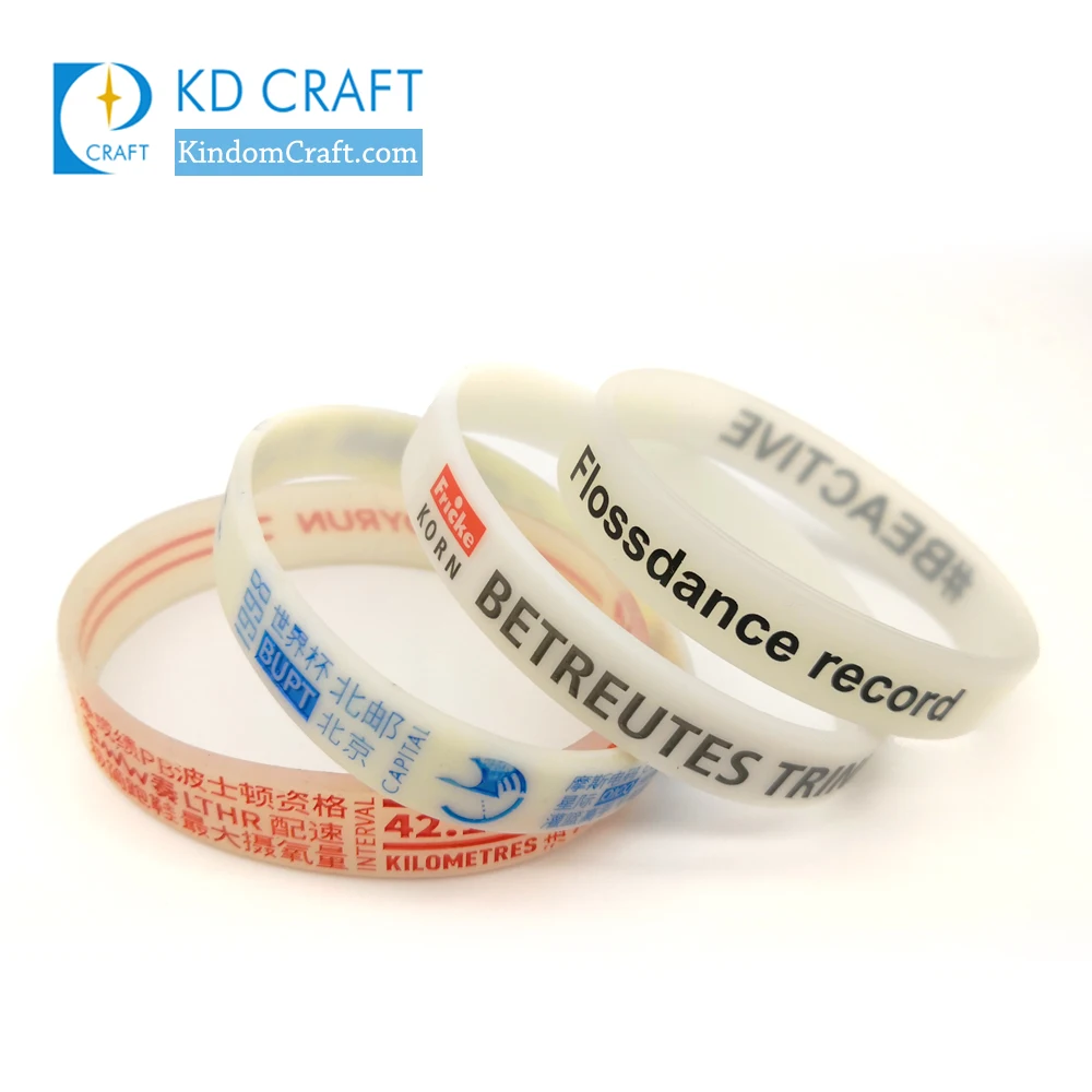 High quality no minimum personalized custom debossed logo color filled luminous glow silicone wristbands