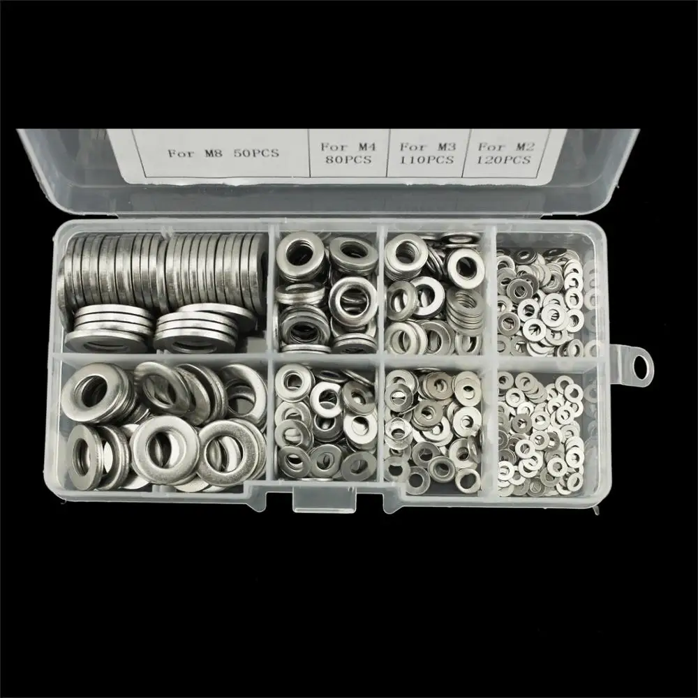 M2 M2.5 M3 M4 M5 M6 M8 M10 Stainless Steel Flat Washer Assortment Kits Plastic Box