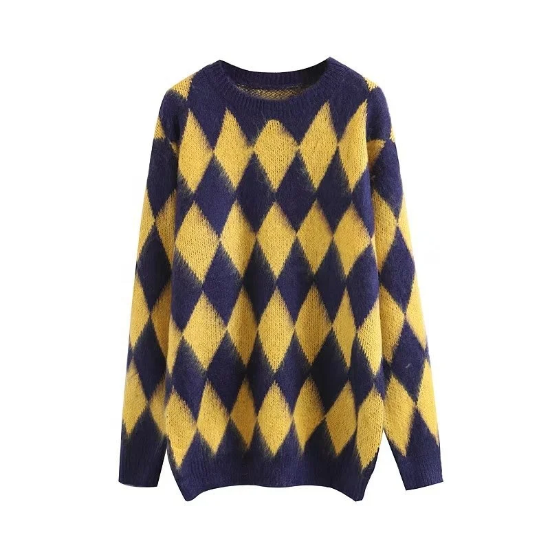 Custom Pullover v neck modern printed pattern mohair long sleeve knitted mink lady knitwear long sweater jumper