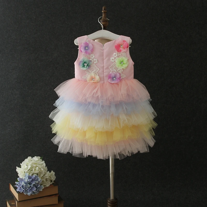 2019 Unique Design Pink Flower 1 Year Old India Summer TUTU Baby Girl Princess Dresses For Holiday Birthday Party