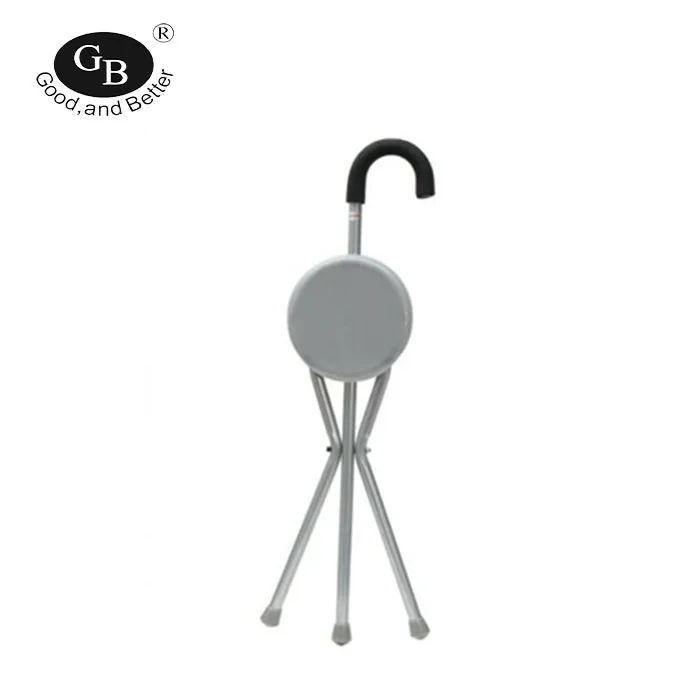 Three-legged Aluminum Folding Stool Chair Cane Walking Stick with Seat