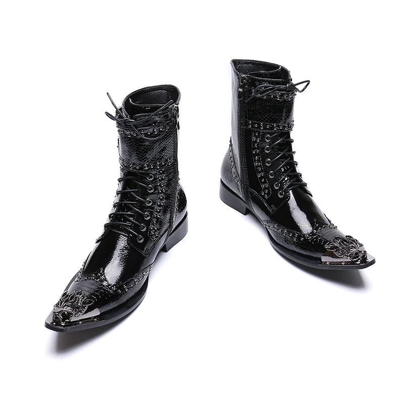 NA146 New Punk Style Genuine Leather Men Ankle Boots Iron Pointed Toe Lace Up Mens Male Cowboy Boots High Top Buckles Botas
