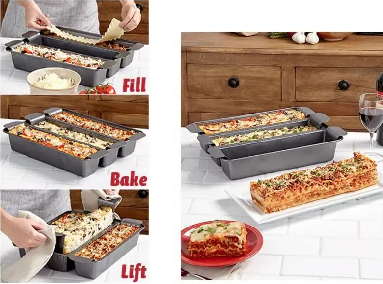 2019 hot sale high quality carbon steel 3 division non sticker lasagna Baking pan meat loaf pan with insert