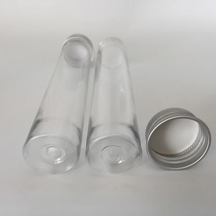 Customize flat bottom plastic PET 2 oz 65ml transparent test tube container with aluminum screw cap pressure sensitive seal