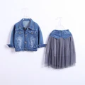 2016 New Children s Clothing Girls Fashion Two piece Suits Denim Jacket And Net Yarn Long