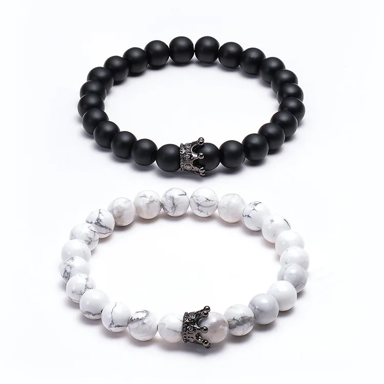 Hot Sales Natural White Howlite Agate Stone Beads His and Hers Bracelets Couple Bracelet with Crown Charm