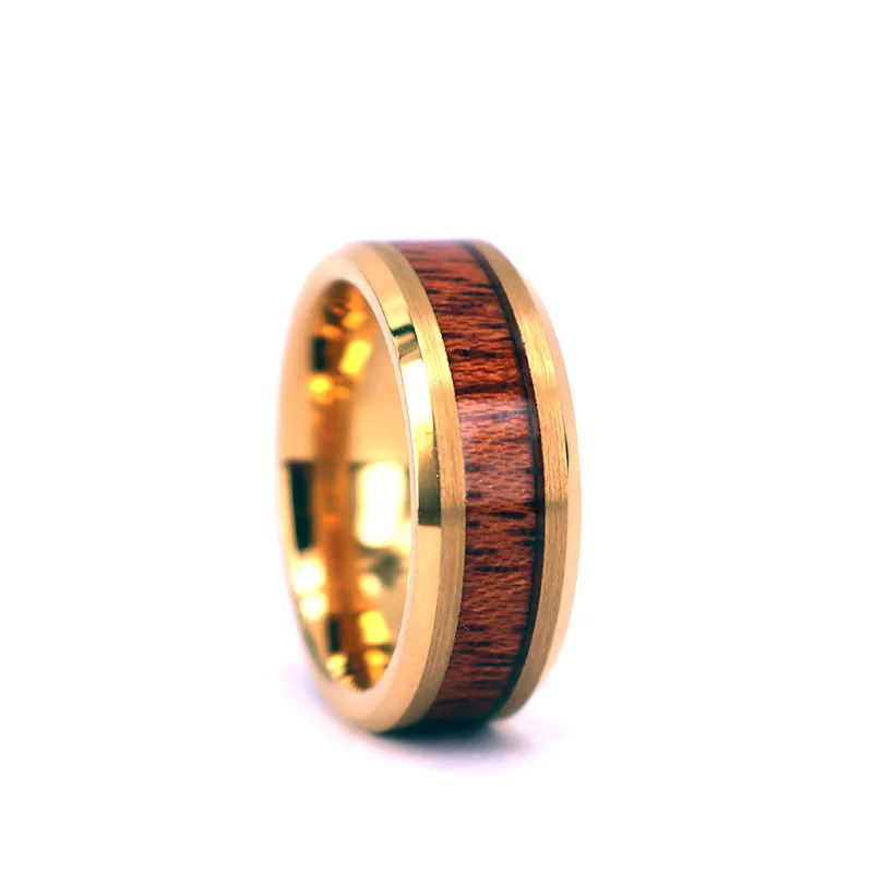 Tungsten Ring Yellow Gold Wood Inlay Wedding Band,8mm Polished Hawaiian Koa Wood Tungsten Band Ring