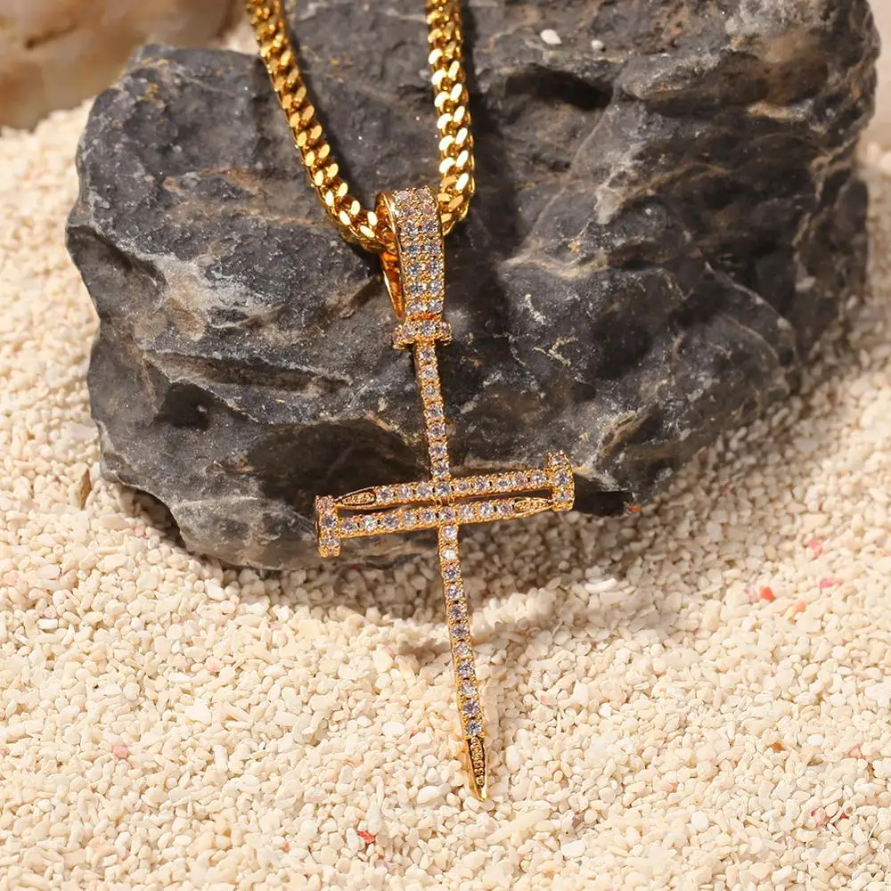 HipHop Iced Out Bling Bling Zircon Cross Nail Pendant 18K Gold Plated Pendant