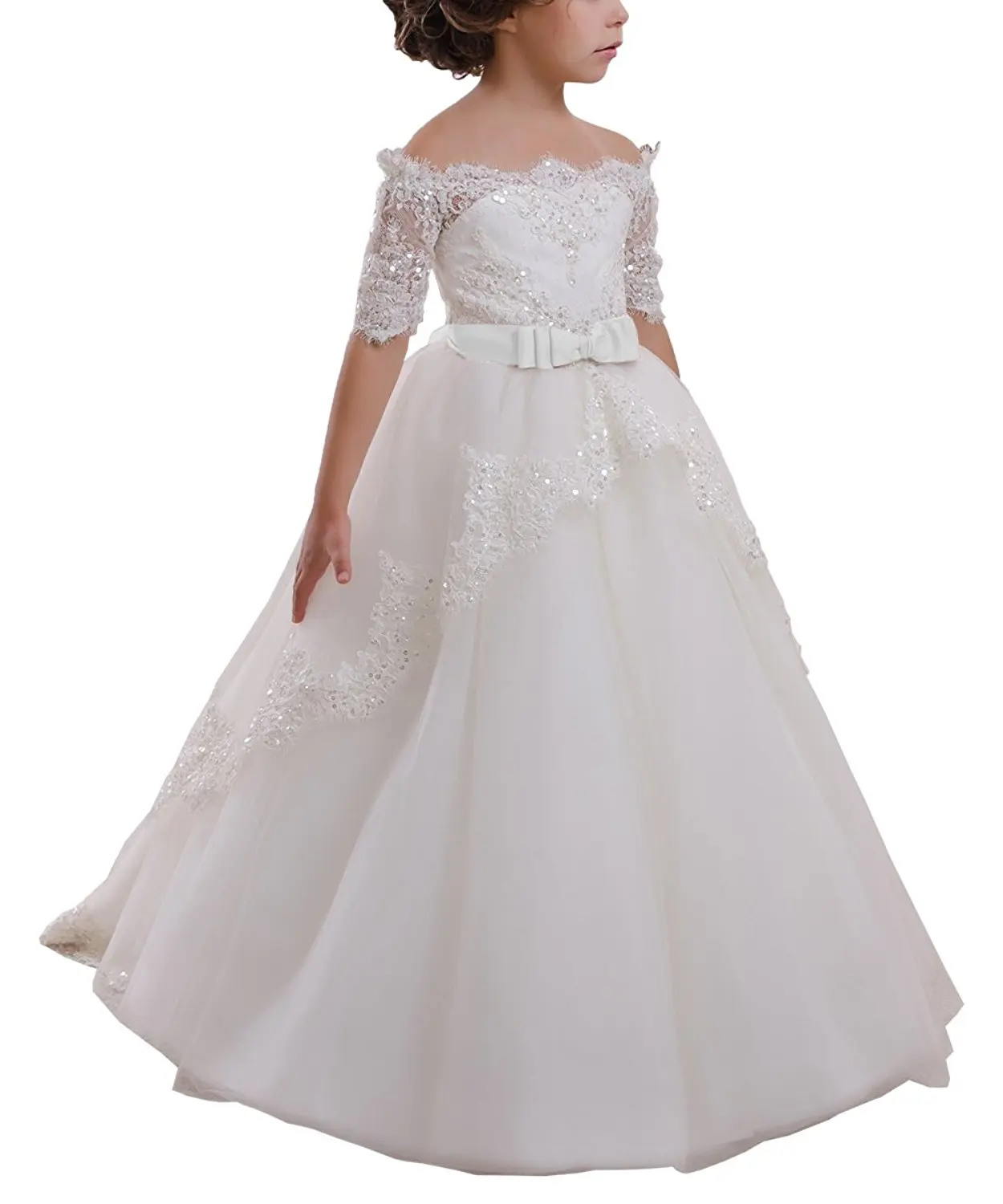 
lace flower girls ball gown dresses with bow first communion dresses for girls half sleeves holy communion dresses for girls 
