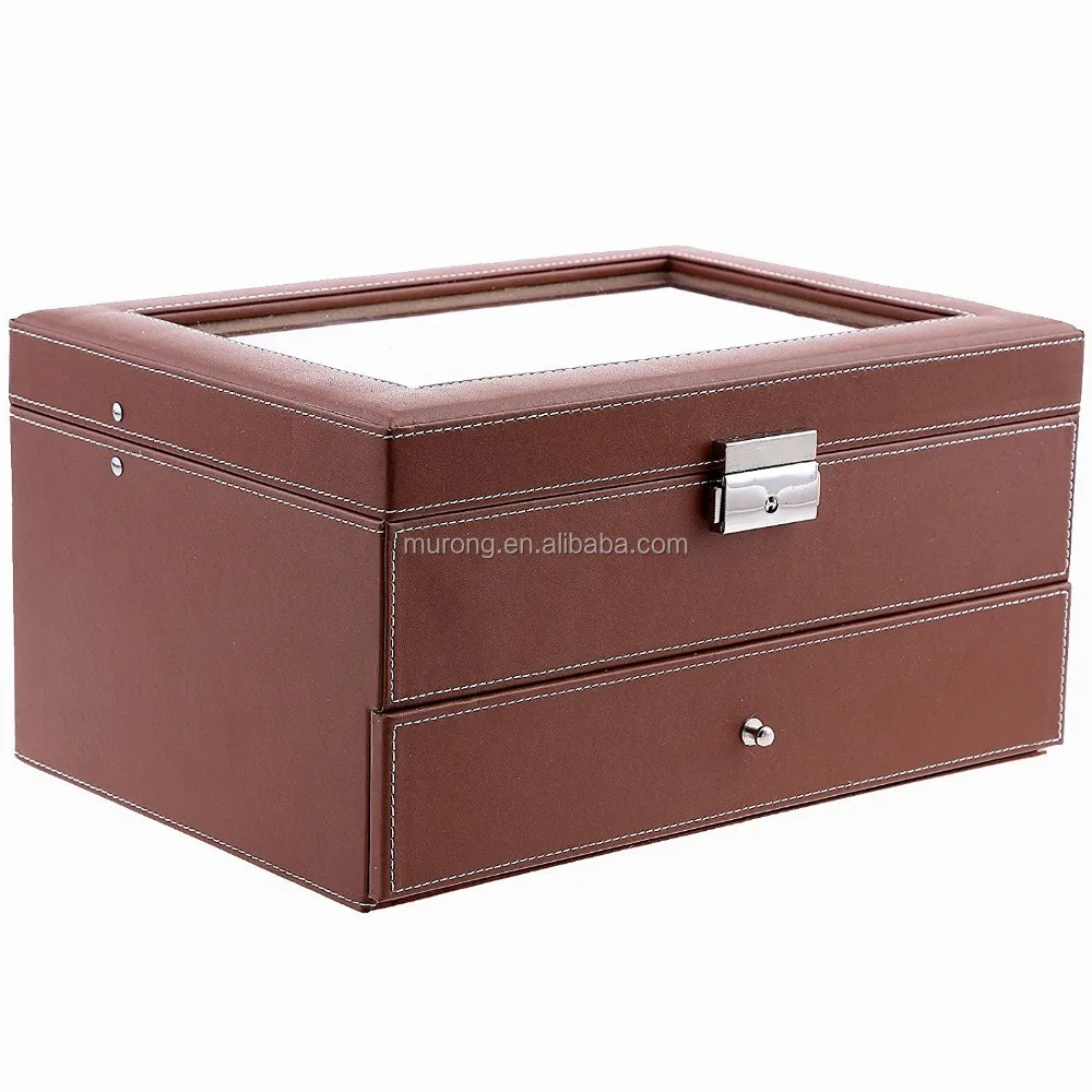Drawer glass top lockable leather wrist watch box , 10 watch box with jewellery display