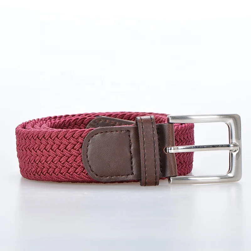 Fabric Pu Leather Tag Burgundy Color Elastic Braided Stretch Belts For Jeans Mens