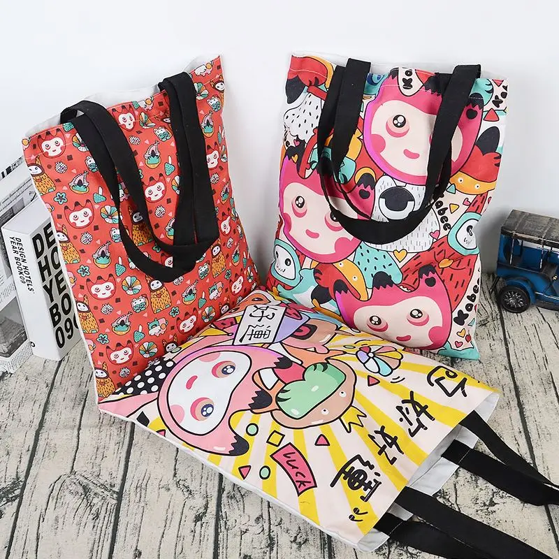 Пользовательская черная ручка полноцветная мультяшная сублимационная печать холст хлопчатобумажная сумка для шоппинга для женщин
