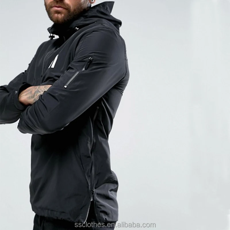 
New design fashion solid Hooded neck overhead half zip black windbreaker 
