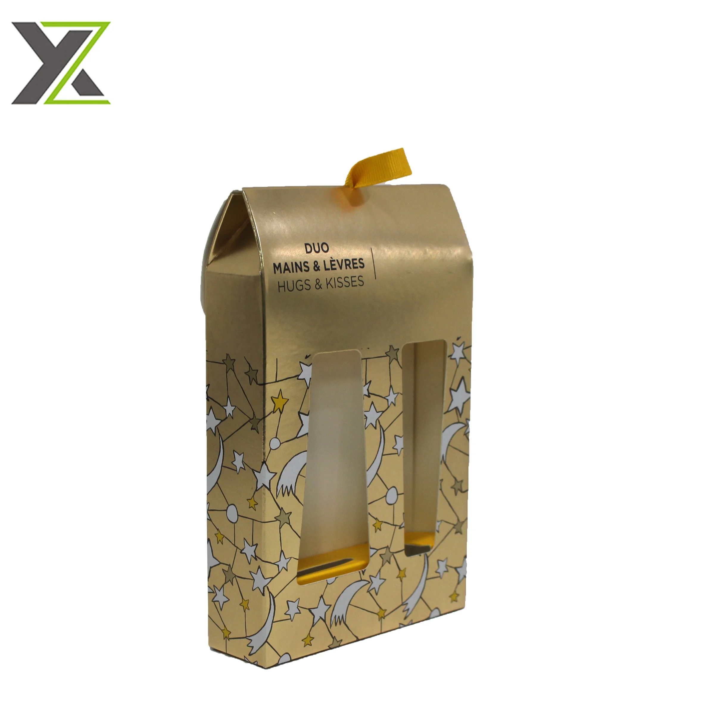 Custom gold fancy paper hand cream and lip balm set christmas gift box with hanging rope