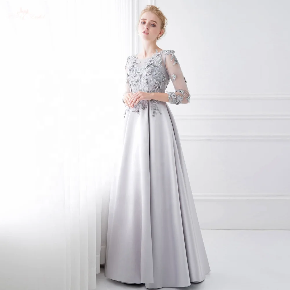 TE018 3D Flowers Beaded Silver Gray Satin Evening Dress Long Sleeve Prom Dress Arabic Evening Dress