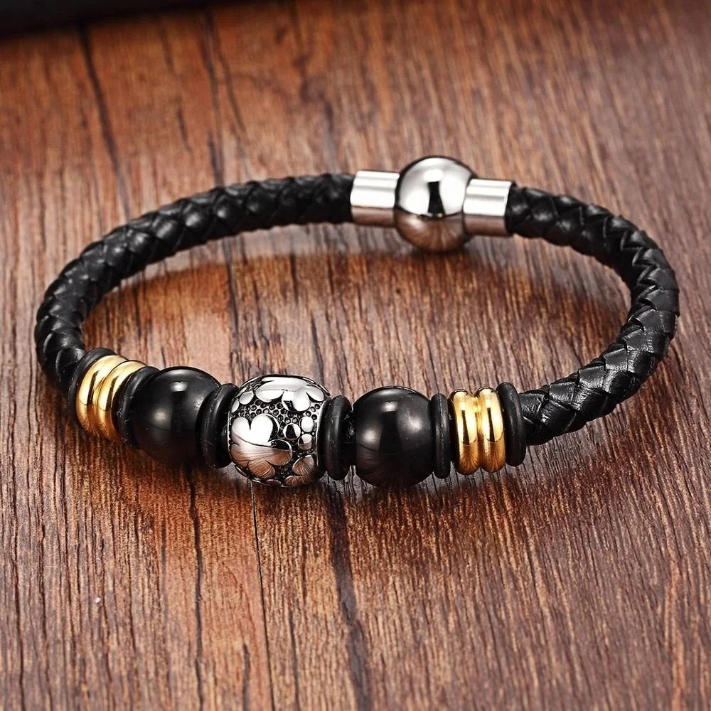 Браслет-цепочка из нержавеющей стали для мужчин и женщин браслеты натуральной кожи золотого черного цвета с кожаной пряжкой