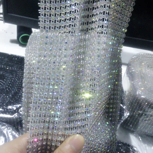 Plastic Rhinestone Sheet  Trimming Elastic Mesh Chain Rolls 24 Rows With Black & Transparent AB Crystal Wholesale Supplier