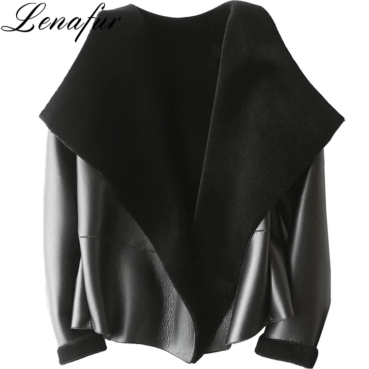 Молодая девушка мода Горячие Черный из овечьей кожи Барашек Куртка бомбардировщика, барашек шуба