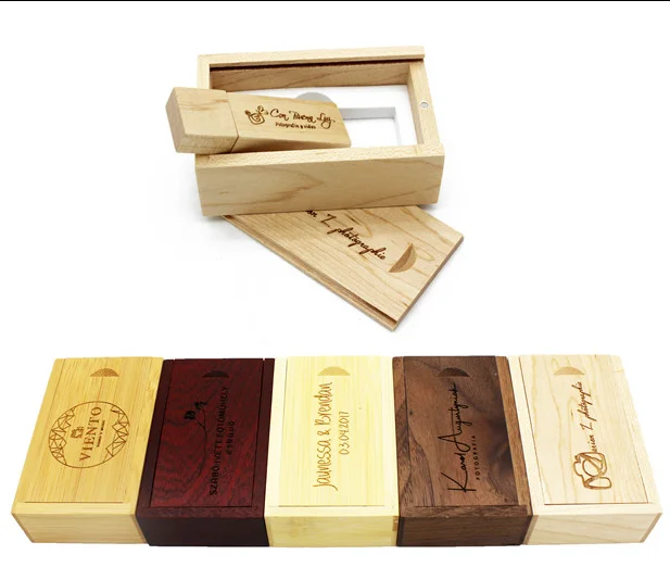 Customer Logo Wooden Usb With Box Usb Flash Drive Memory Stick Pen Drive 4Gb 8Gb 16Gb 32Gb U Disk Wedding Gift