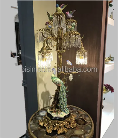 Golden Peacock Multiple Droplight Bronze Table Lamp, Antique Brass Desk Light With Colorful Sparrow Perched On The Trunk