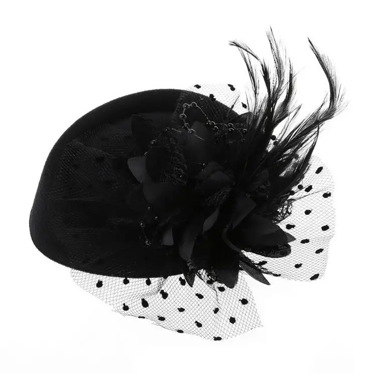 Wholesale Vintage Woolen Hat Flower Hairpin Feather Veil Hat For Party Wedding