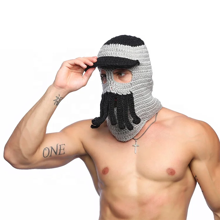 Интересный дизайн Лыжная маска с 3 отверстиями ручной работы вязаная крючком смешная шапка-Осьминог козырьком