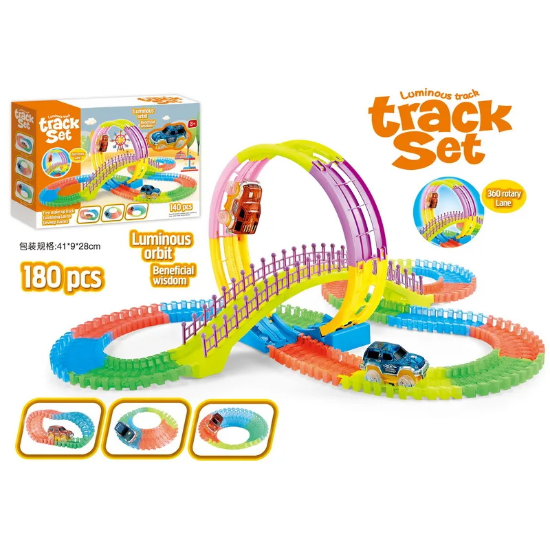 180pcs DIY Flex Glow Toy Car Track Train Track Wood Toy Plastic Race Slot Car 1:32 with 3 Lights
