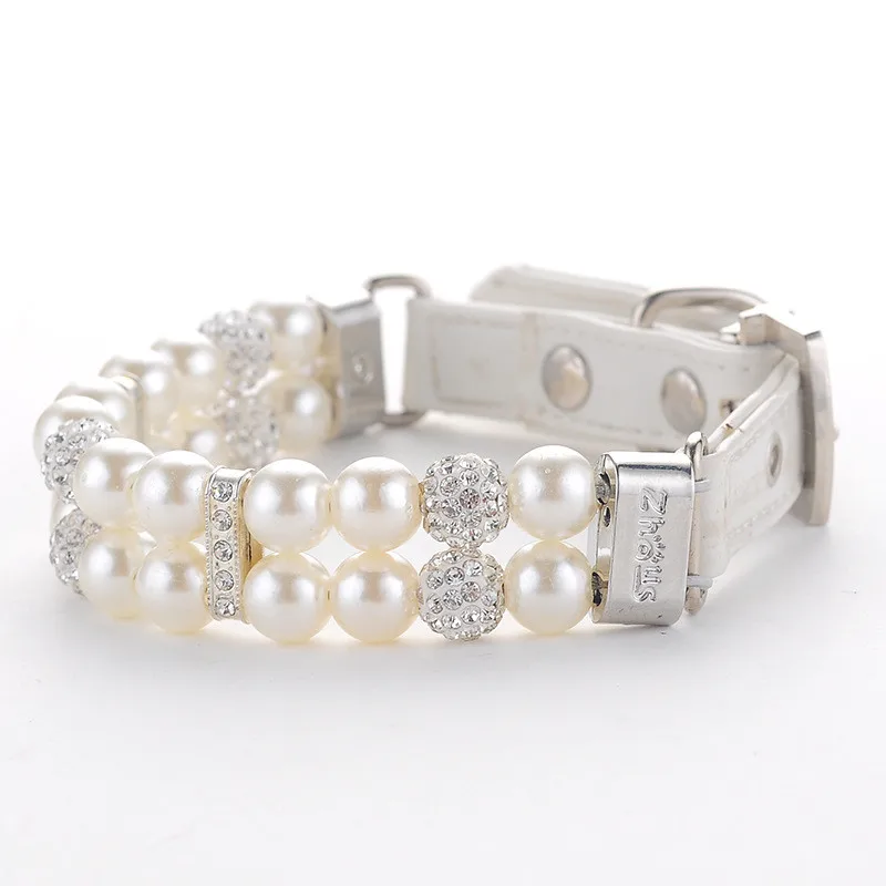 Hot Sale Pet Dog Cat Collars Bling Rhinestones Adjustable Leather Necklace Pearl Studded Collar for Teddy Dog Accessories