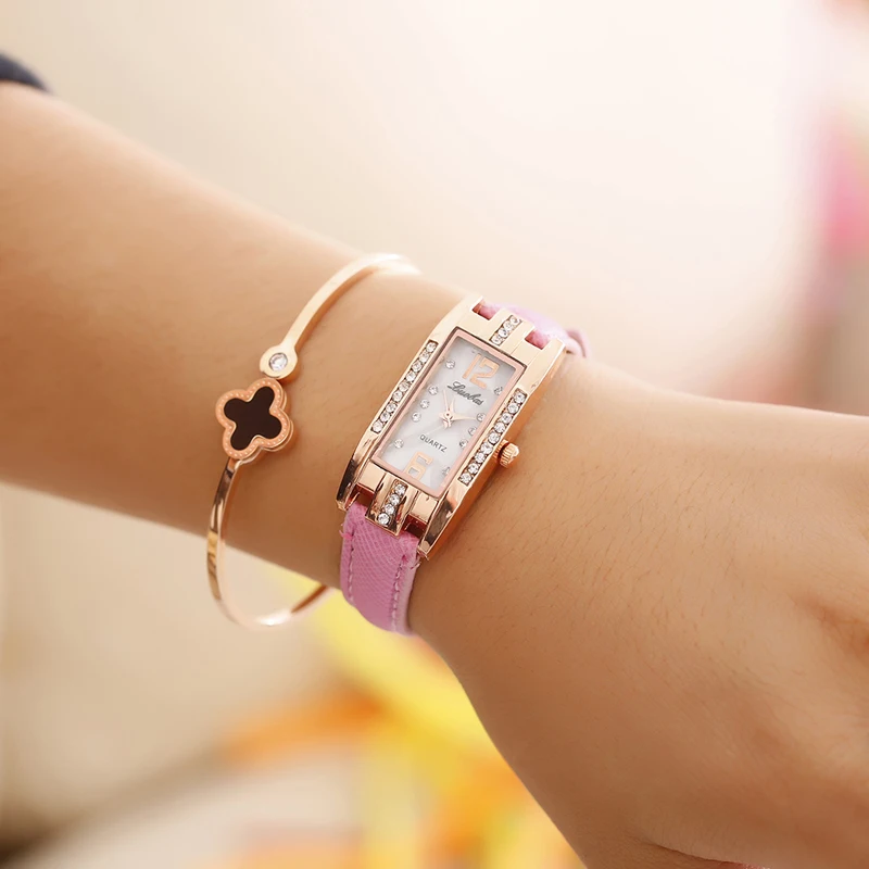 
Small Dial Watch for Women Rectangle Rhinestone Square Quartz Watch Leather Strap Ladies Dress Watches 