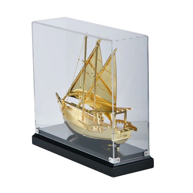 Antique Metal Golden Plated Ship Boat Model In Acrylic Box For Souvenir Gifts