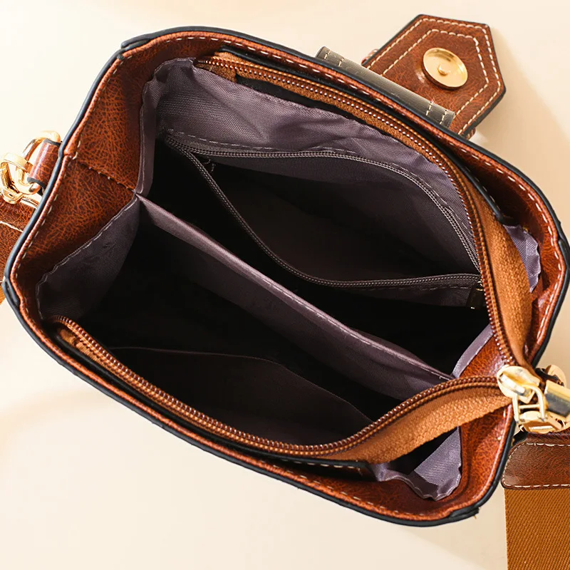 Ladies Vintage Retro PU Leather Wide Striped Strap Arrow Shape Belt Decor Messenger Crossbody Shoulder Bags for Women