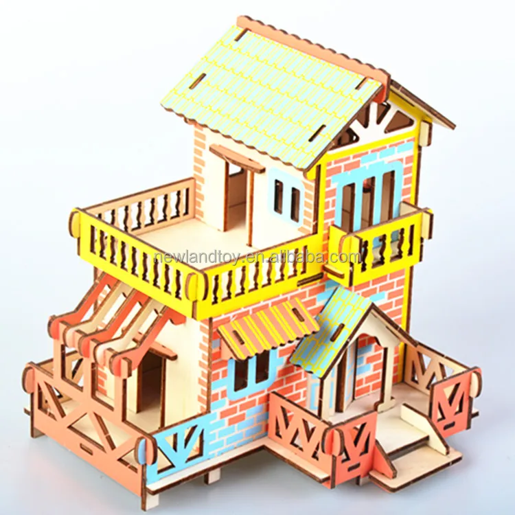 Wooden puzzles custom Kids Wooden 3D Wooden yellow house Puzzle Model Toys Wooden Handmade For Kids